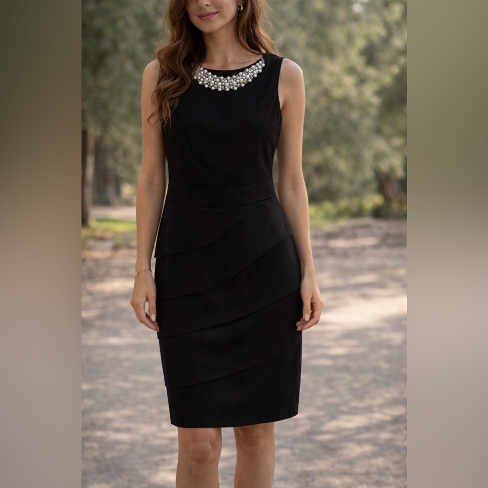 dressbarn Black Midi Dress with Pearl Embellishments
